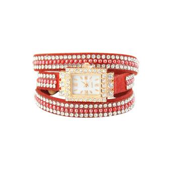 Sanwood Women's Square Faux Pearls Rhinestone Wrap Suede Quartz Wrist Watch Red  