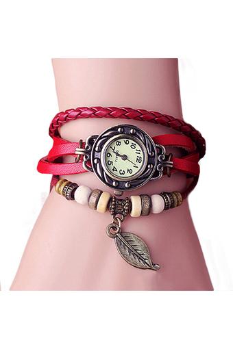 Sanwood Women's Tree Leaf Artificial Leather Bracelet Wrist Watch Red  