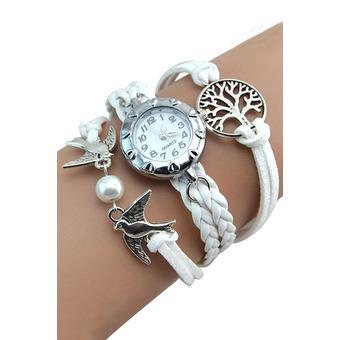 Sanwood Women's Vintage Life Tree Birds Charm Leather Bracelet Wrist Watch White  