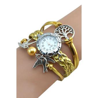 Sanwood Women's Vintage Life Tree Birds Charm Leather Bracelet Wrist Watch Golden  