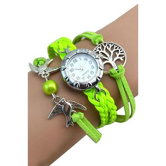 Sanwood Women's Vintage Life Tree Birds Charm Leather Bracelet Wrist Watch Light Green  