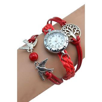 Sanwood Women's Vintage Life Tree Birds Charm Leather Bracelet Wrist Watch Red  