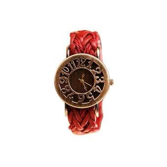 Sanwood Women's Vintage Weave Leather Strap Wrist Watch Red  