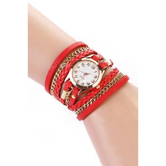 Sanwood Women's Weave Rivet Leather Bracelet Wrist Watch Red (Intl)  