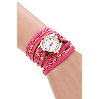 Sanwood Women's Weave Rivet Leather Bracelet Wrist Watch Rose Red (Intl)  