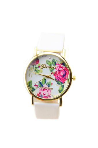 Sanwood Women's White Leather Strap Watch Rose Flower Dress  