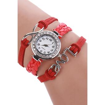 Sanwood Women's Wrap Braided Faux Leather Bracelet Analog Quartz Wrist Watch Red  