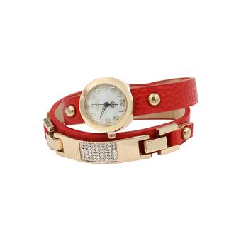 Sanwood Women's Wrap Rhinestone Faux Leather Bracelet Quartz Watch Red (Intl)  