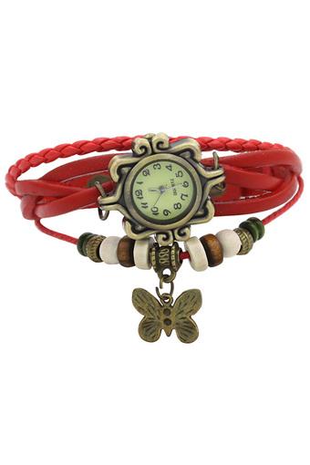 Sanwood Womens Artificial Leather Bracelet Butterfly Quartz Wrist Watch Red  