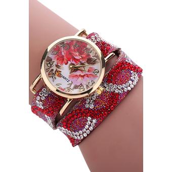 Sanwood Womens Baroque Rhinestone Band Analog Quartz Bracelet Wrist Watch Red  