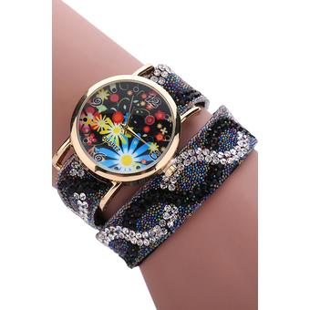 Sanwood Womens Baroque Rhinestone Band Analog Quartz Bracelet Wrist Watch Black  