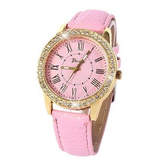 Sanwood Womens Golden Rhinestone Case Quartz Analog Wrist Watch Pink  