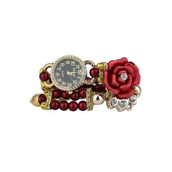 Sanwood Womens Rhinestone Dial Faux Pearl Bracelet Watch Red  