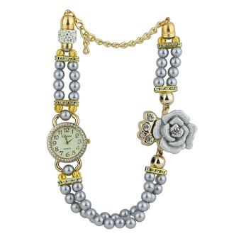 Sanwood Womens Rhinestone Dial Faux Pearl Bracelet Watch Grey  