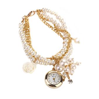 Sanwood Womens Rose Flower Faux Pearl Analog Quartz Wrist Watch White  