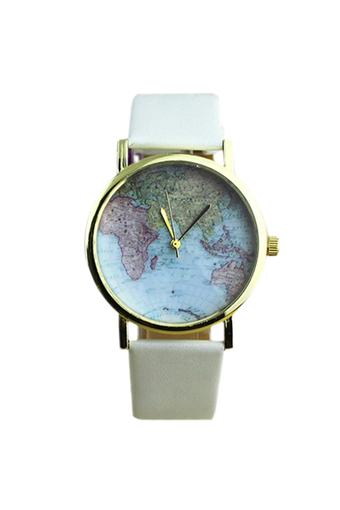 Sanwood World Map Women's Faux Leather Strap Watch White  