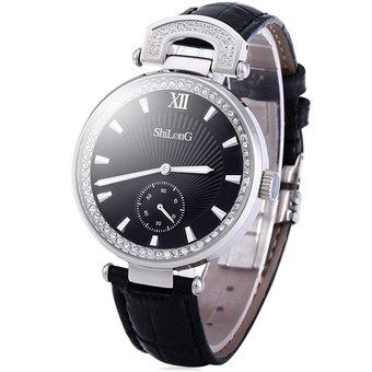 ShiLonG 8075L Diamond Japan Quartz Watch Water Resistant Genuine Leather Strap Fine Steel Case for Women (Black) - Intl  