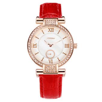 Sinobi Lady Casual Crystal Gold Case Leather Strap Quartz Watch S8192 (Red)  