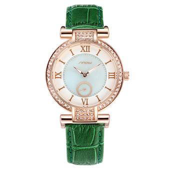 Sinobi Lady Casual Crystal Gold Case Leather Strap Quartz Watch S8192 (Green)  