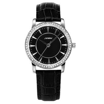 Sinobi Lady Fashion Casual Crystal Silver Case Leather Strap Quartz Watch S8156 (Black)  