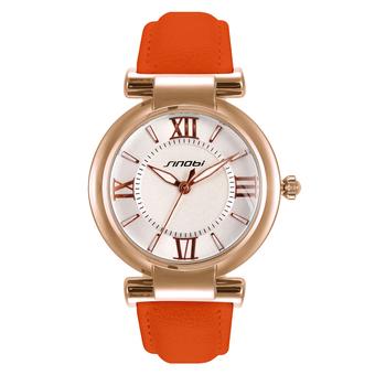 Sinobi S9458 Casual Lady Gold Case Leather Strap Quartz Wrist Watch Orange  