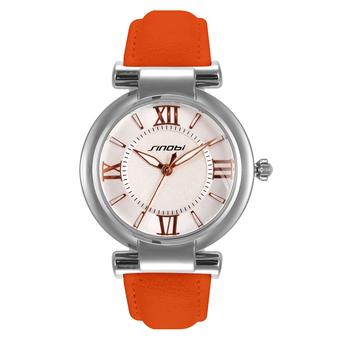 Sinobi S9458 Casual Lady Silver Case Leather Strap Quartz Wrist Watch Orange  