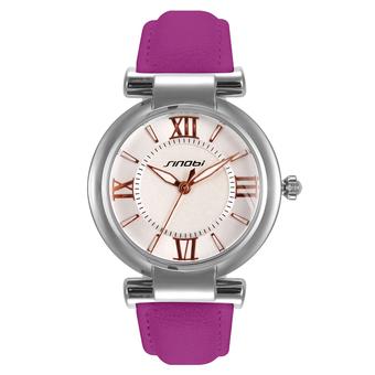 Sinobi S9458 Casual Lady Silver Case Leather Strap Quartz Wrist Watch Purple  