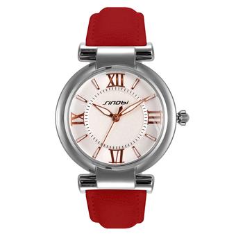 Sinobi S9458 Casual Lady Silver Case Leather Strap Quartz Wrist Watch Red  