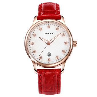 Sinobi S9539 Lady Casual Rhinestone Calendar Gold Case Leather Strap Quartz Watch Red  