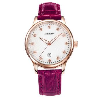 Sinobi S9539 Lady Casual Rhinestone Calendar Gold Case Leather Strap Quartz Watch Purple  