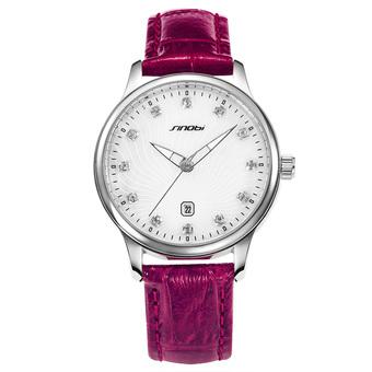 Sinobi S9539 Lady Casual Rhinestone Calendar Silver Case Leather Strap Quartz Watch Purple  