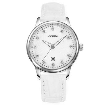 Sinobi S9539 Lady Casual Rhinestone Calendar Silver Case Leather Strap Quartz Watch White  