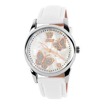 Skmei 9079 Female Butterfly Mother Pearl Round Dial Leather Band Japan Quartz Watch (White) - Intl  