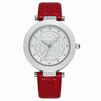 Skone Ceramic Case Carving Flower Pattern Crystal Dress Watches Women Fashion Luxury Ladies Leather Strap Watch Time Hours Gift(Red) (Intl)  