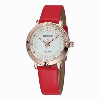 Skone Heart Pattern Rhinestone Gold Dial Quartz Watches Women Stylish Hardlex Leather Strap Lady Fashion Watch Relogio Feminino(red) (Intl)  