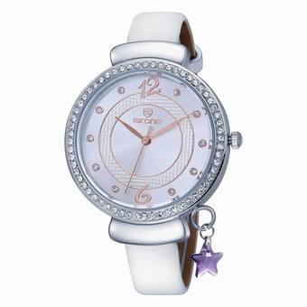 Skone Yellow Gold Rhinestone Big Dial Fashion Leather Strap Watches Women Brand Analog Quartz Movt Lady Watch with Star Pendant(White) (Intl)  