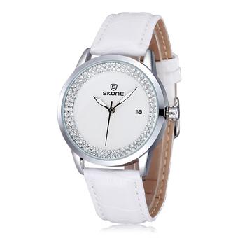 Skone lady Rhinestone dial Luminous pointer watch Date Calendar PU leather band women watch white (Intl)  