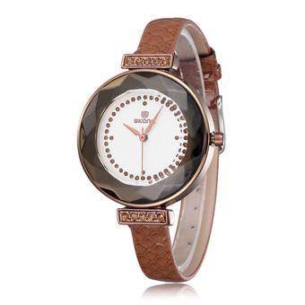 Skone lady Rhinestone dial figure hardlex anti-resistant mirror watch PU leather band women watch brown (Intl)  