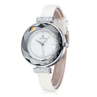 Skone lady Rhinestone dial figure hardlex anti-resistant mirror watch PU leather band women watch white (Intl)  