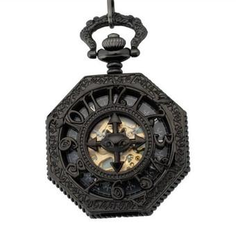 Steampunk Retro white hollow Roman Num Pendant Mechanical Pocket Men Women git watch Black (Intl)  