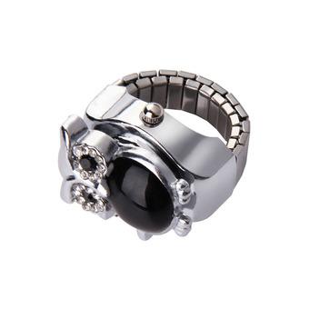 Stretch Elastic Silver Tone Mini Quartz Watch Finger Ring Black Owl Stone  