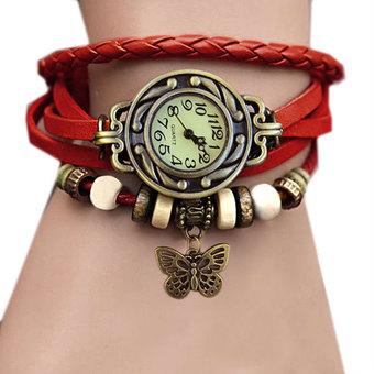 Sunwonder Elegant Women Retro Bracelet Watch Butterfly Pendant Wristwatch (Red) (Intl)  