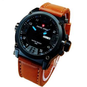 Swiss Army Analog Jam Tangan Pria - Tali Kulit - Coklat Muda List Biru Body Hitam - SA1723  