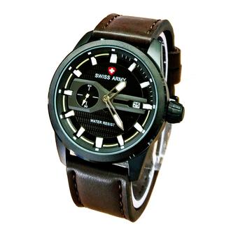 Swiss Army Chrono Detik Samping - Jam Tangan Pria - Tali Kulit - Coklat Tua Strap Coklat List Putih - SA433  