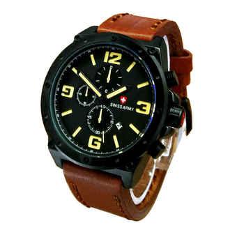 Swiss Army Crhono Aktif - Jam Tangan Pria - Tali Kulit - Coklat List Kuning - SA540  