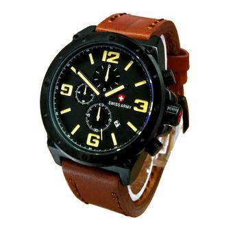 Swiss Army Crhono Aktif Jam Tangan Pria - Tali Kulit - Coklat List Kuning - SA4422  