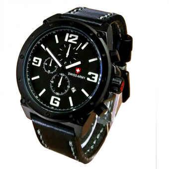 Swiss Army Crhono Aktif - Jam Tangan Pria - Tali Kulit - Hitam List Putih - SA540  