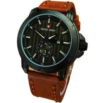 Swiss Army Crhono Detik Bawah Jam Tangan Pria - Tali Kulit - Coklat Body Hitam List Putih - SA4667  