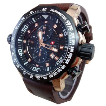 Swiss Army Crhono Jam Tangan Pria - Cokelat Tua-Gold - Strap Kulit - SA3277  