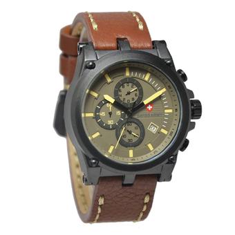 Swiss Army Crhono Jam Tangan Pria - Cokelat Tua-List kuning - Strap Kulit - SA633  